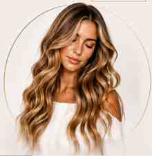 Portrait of a client with dimensional balayage hair color by Victoria Kim